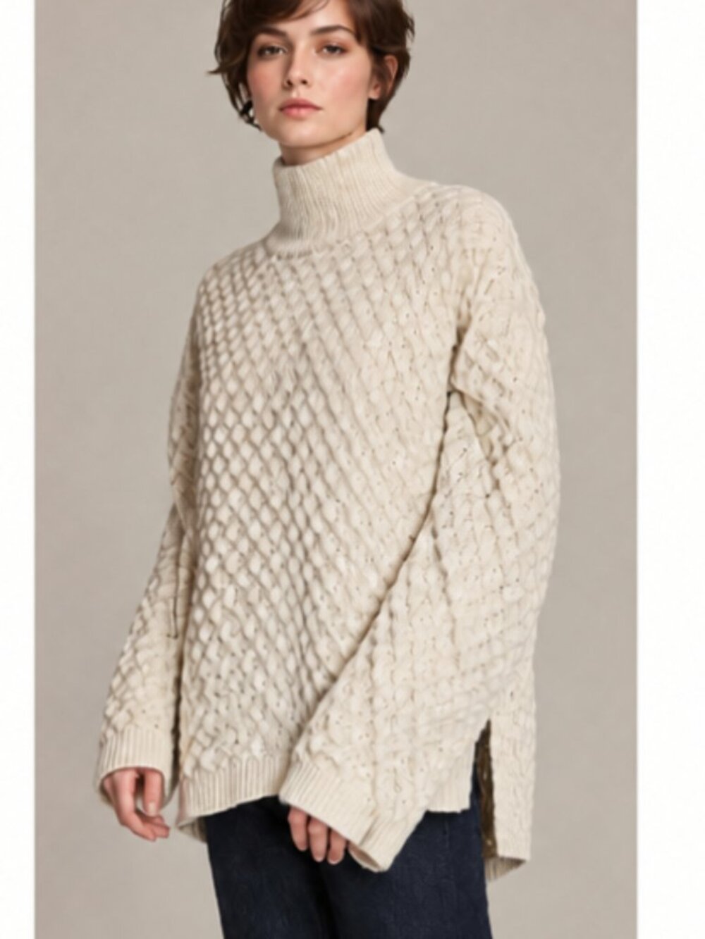 New, High-Low High Neck Textured oversized Sweater XL